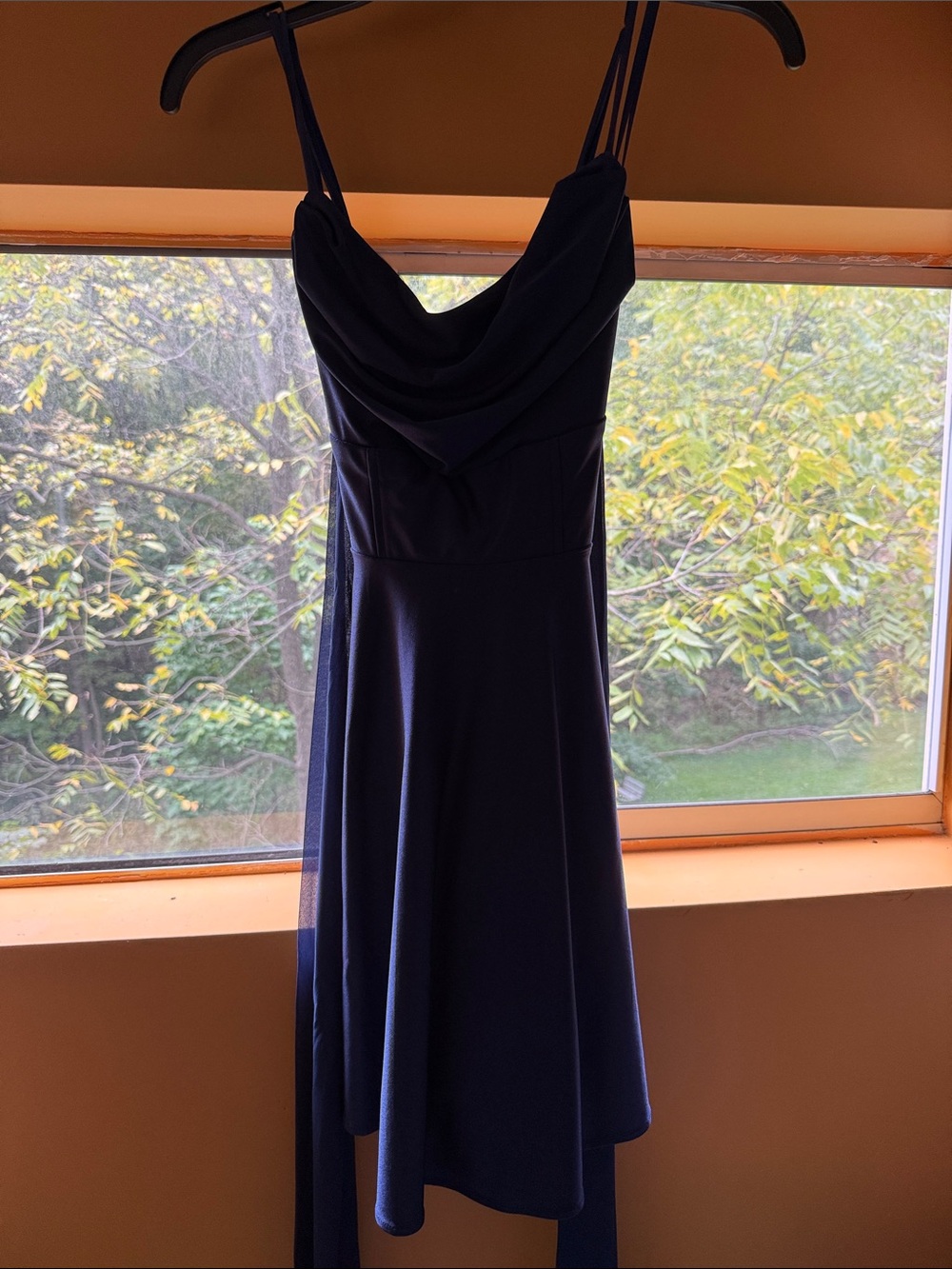 Navy Cowl Neck Spaghetti Strap Women's Dress